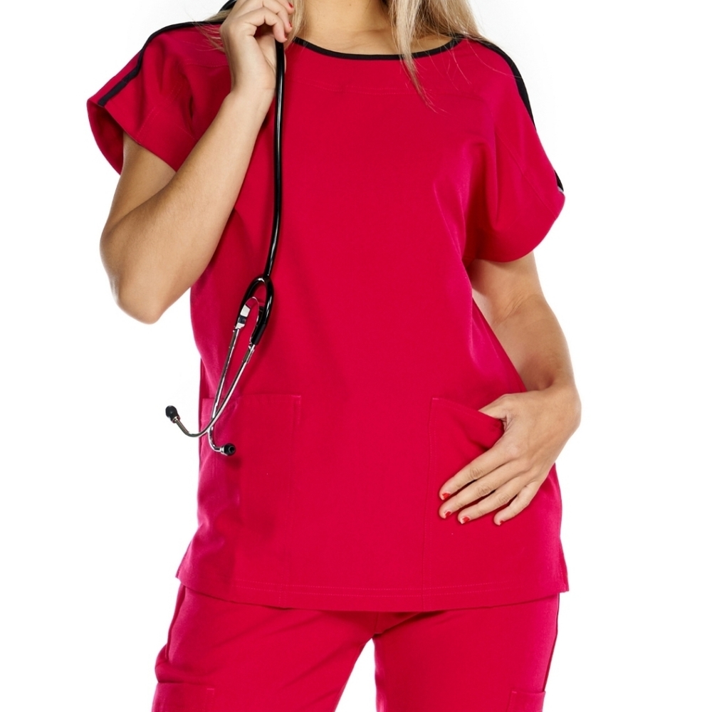 NWT Reina Boatneck Contrast Color Sleeve Stretch Scrub Set Size M Red